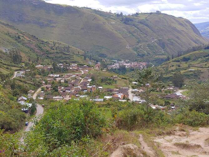 Photo of a small Peruvian mountain town from above. There are two clusters of rooftops, with mountainside in the background and lush greenery in the foreground.